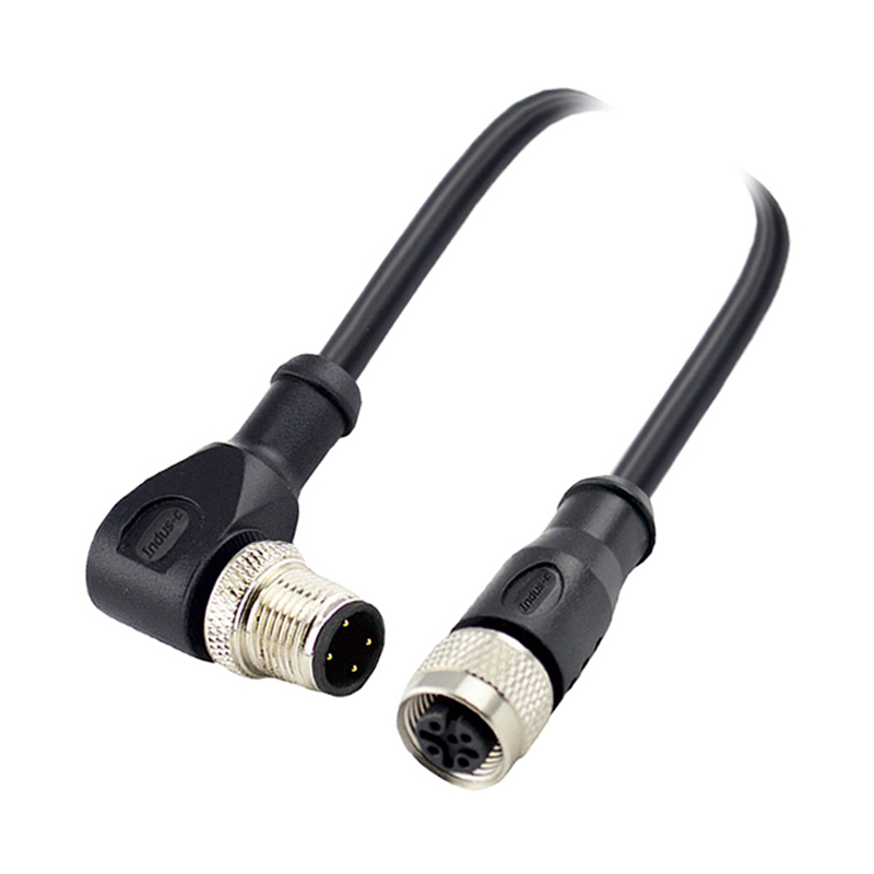 M12 4pins A code male right angle to female straight molded cable,unshielded,PVC,-10°C~+80°C,22AWG 0.34mm²,brass with nickel plated screw